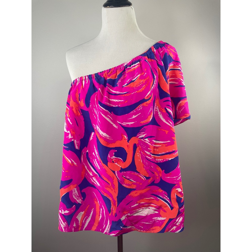 Lilly Pulitzer Fifer Plume Bloom Womens Pink Print 100% Silk One Shoulder Top